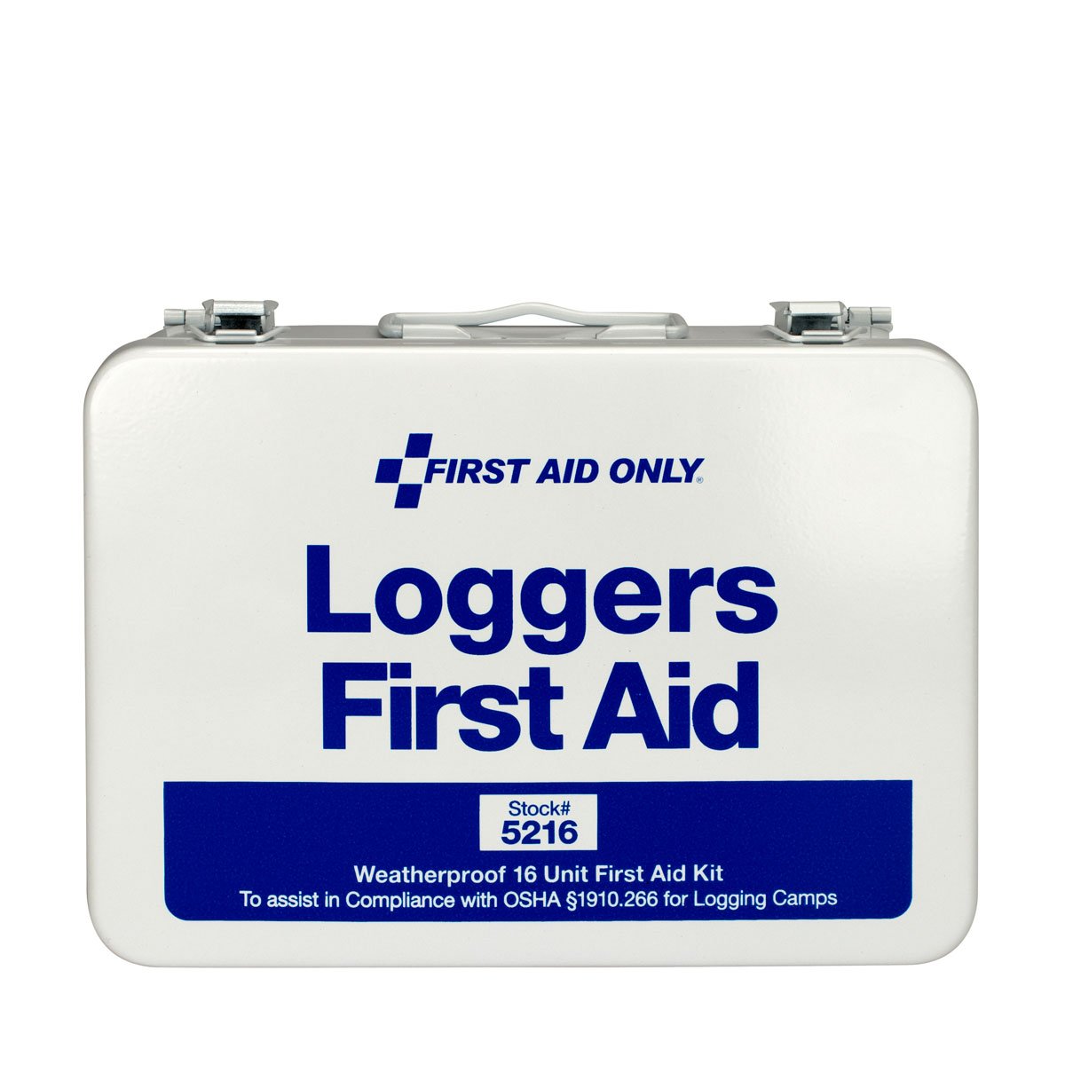 First Aid Only 5216 forestry kit in a weatherproof metal case for quick access on job sites.