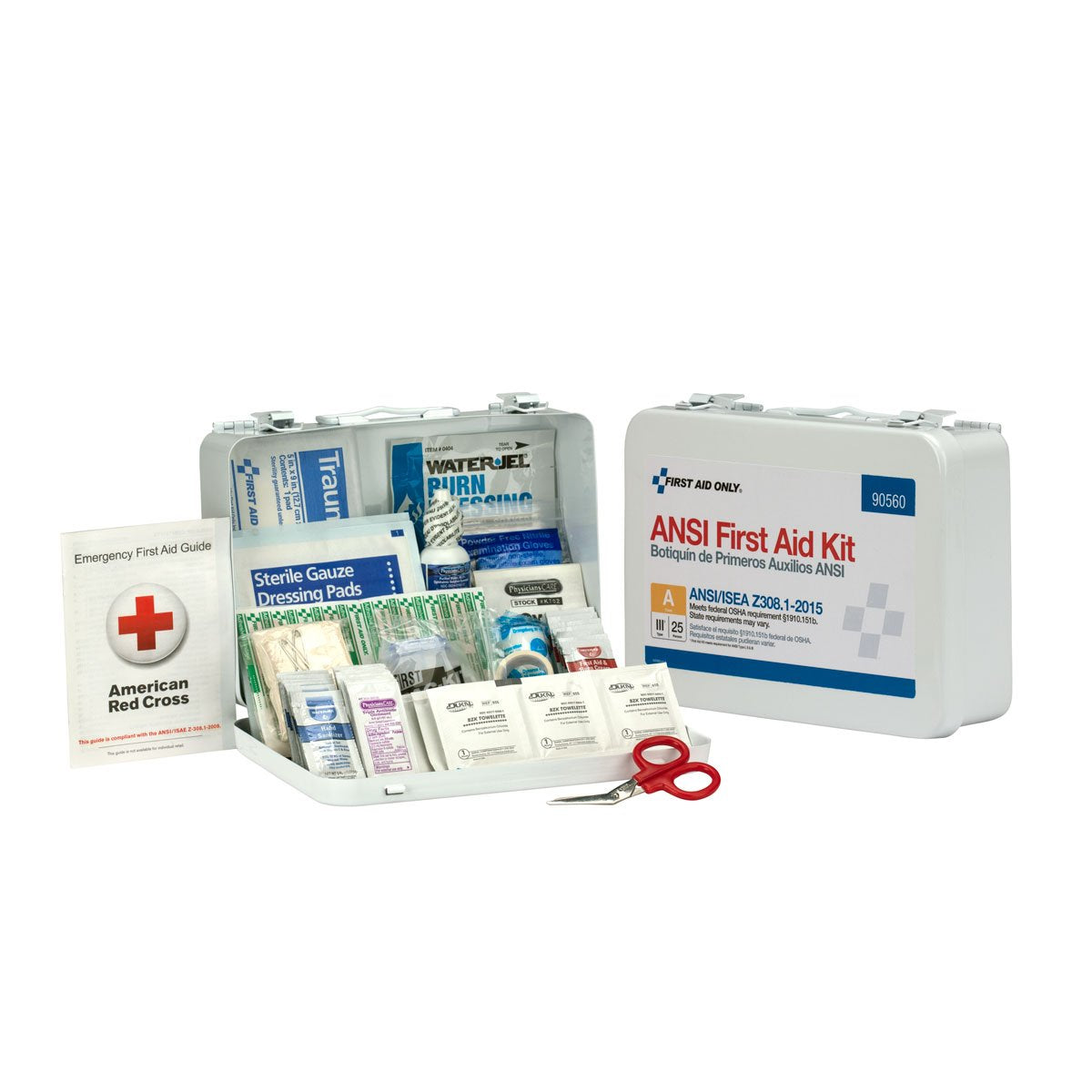 First Aid Only 90560 burn cream packets and antiseptics for minor skin injuries.