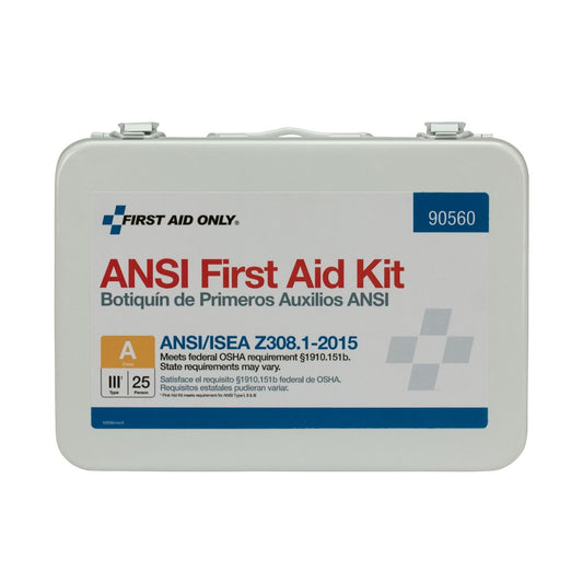 First Aid Only 90560 weatherproof metal case keeps supplies secure and portable for emergencies.