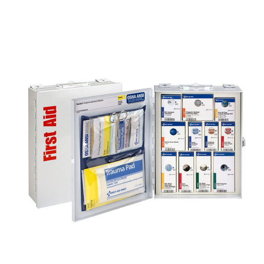 First Aid Only 90658 metal cabinet with handle, easy wall mounting and quick access to supplies.