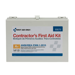 First Aid Only 90670 contractor kit in a metal case for quick access on job sites.