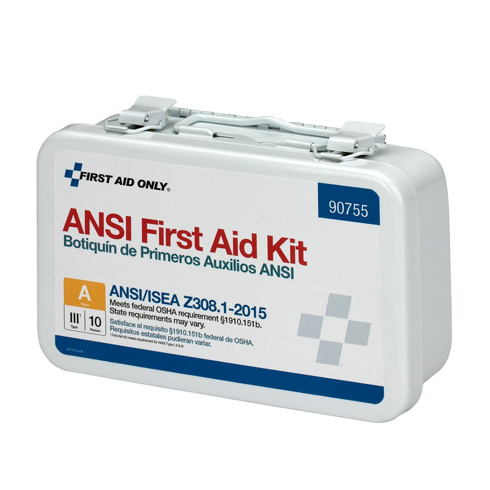 Gloves, scissors, and tweezers from First Aid Only 90755 kit enable safe handling.