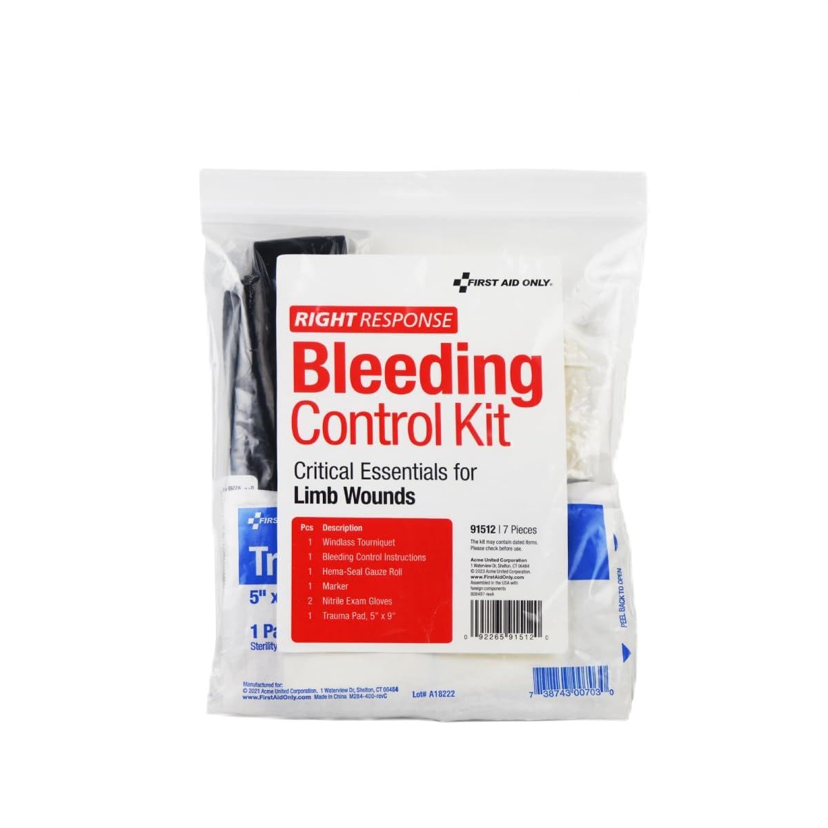 First Aid Only 91512 bleeding-control kit in a clear bag for fast access.