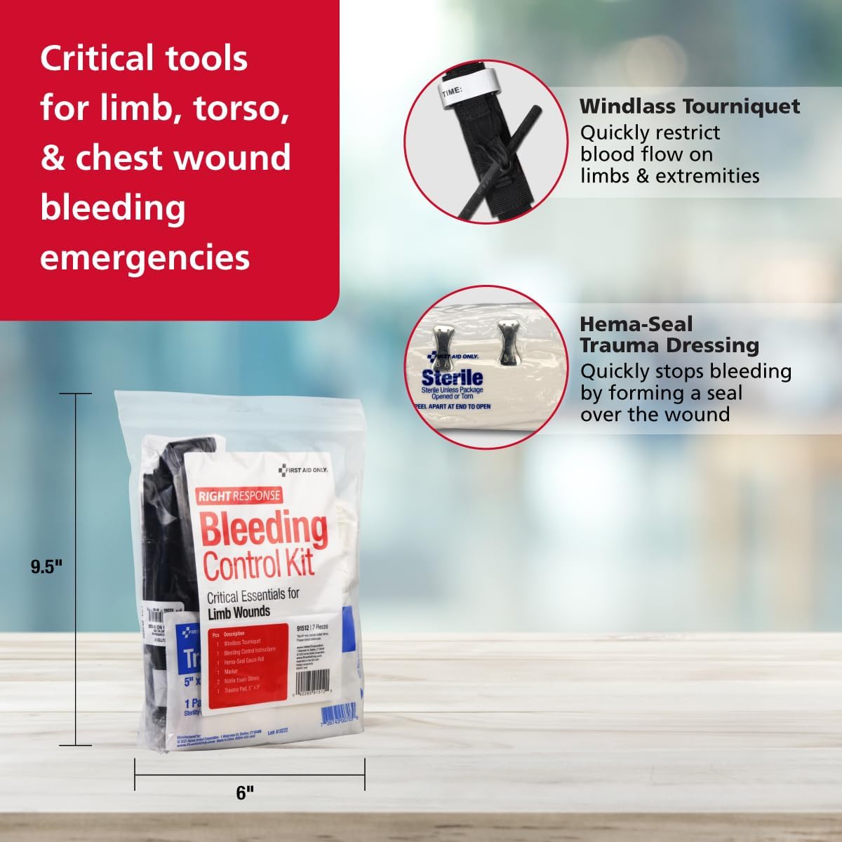 First Aid Only 91512 tourniquet included enables swift limb bleeding response.