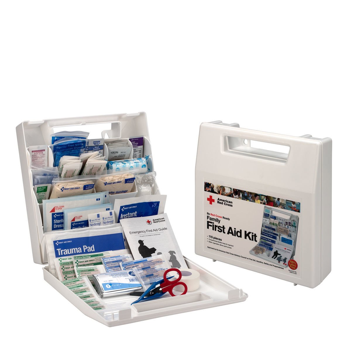 First Aid Only 9161-RC durable plastic case with handle for on-the-go use.