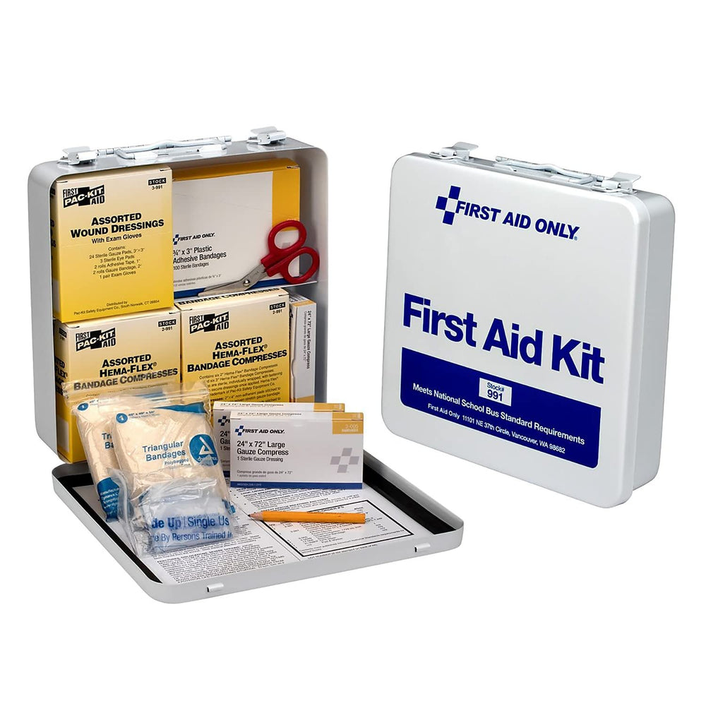 First Aid Only bus kit inside view showing organized compartments.