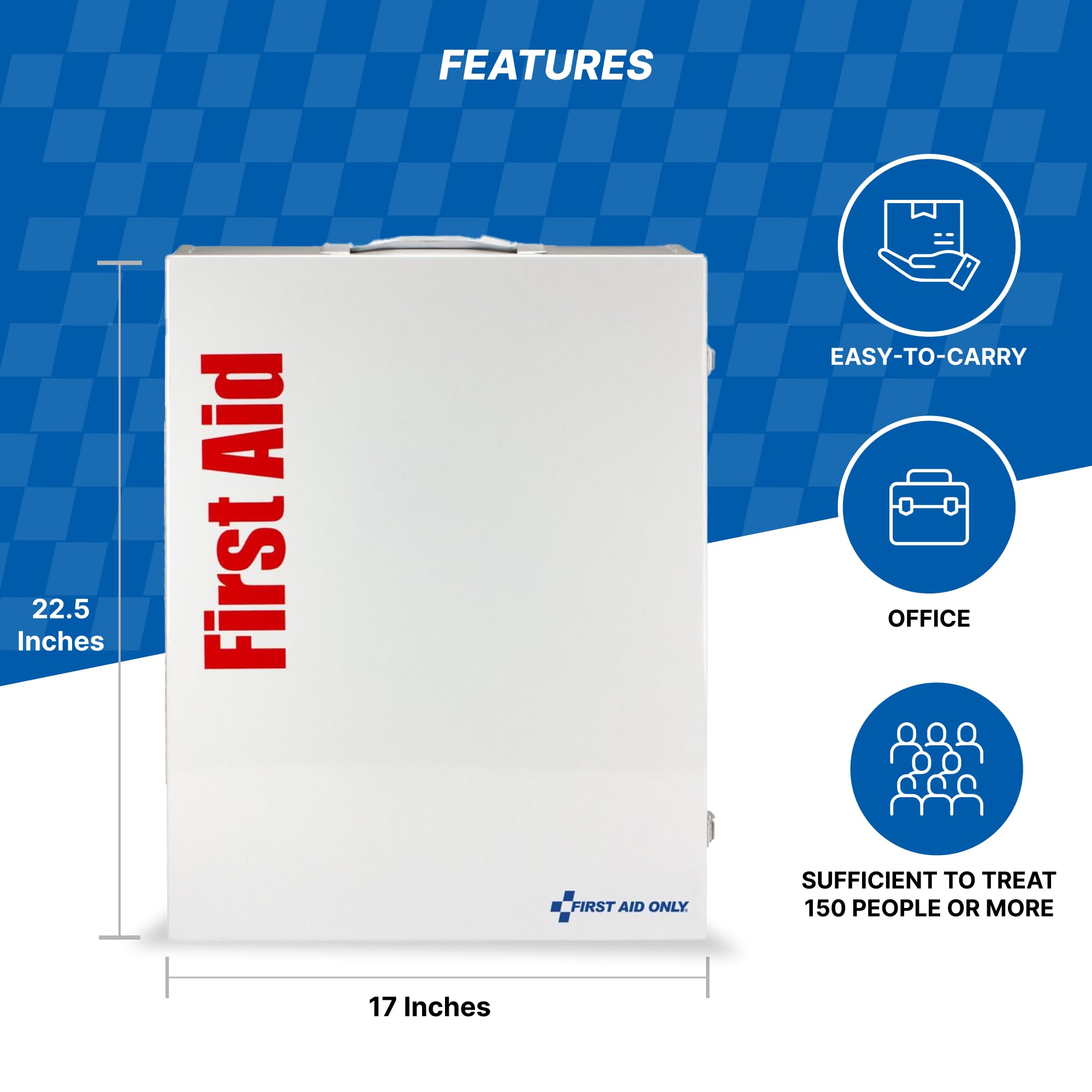 First Aid Only easy-to-carry handle supports on-site transport.