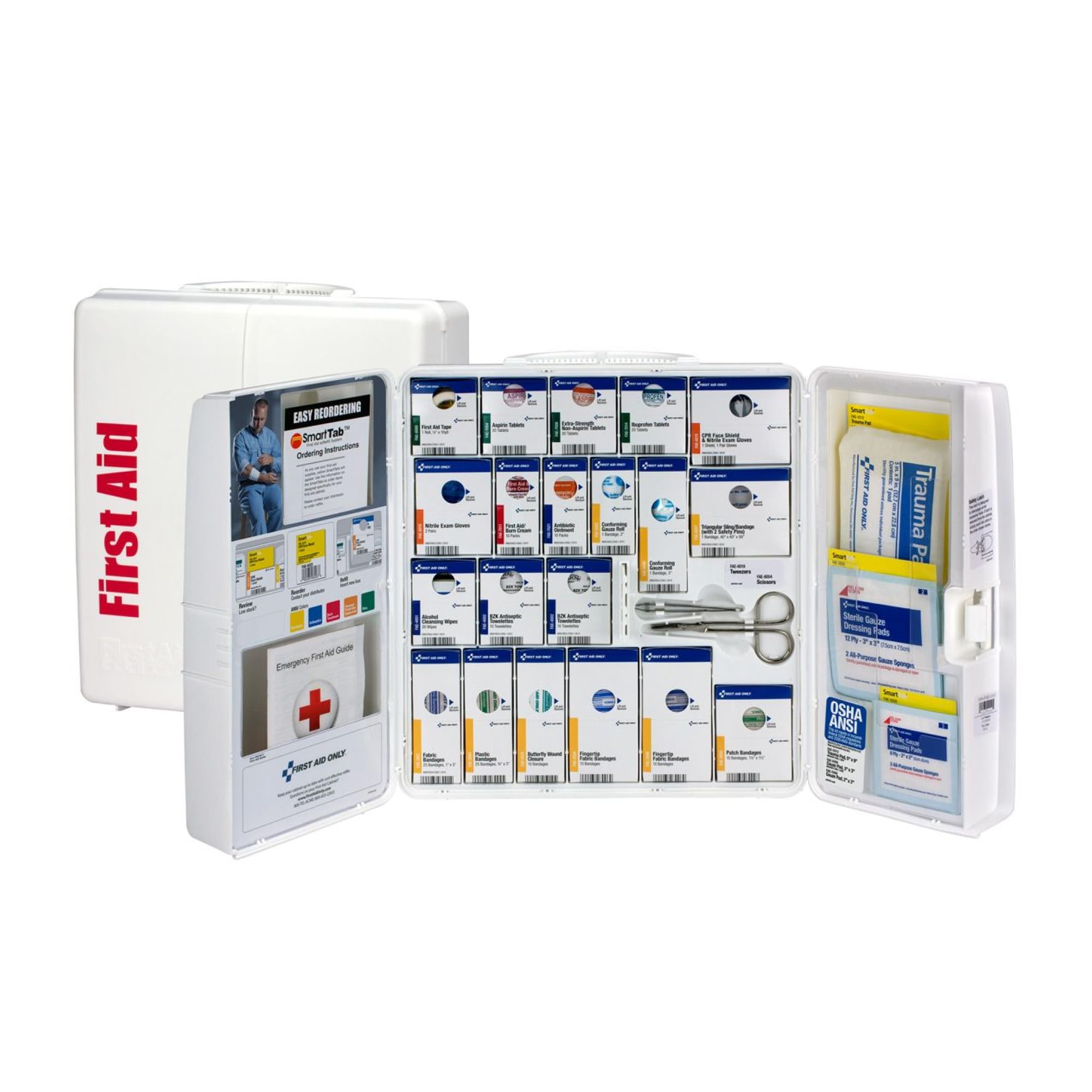 First Aid Only SmartCompliance cabinet front view with clearly labeled compartments for fast access.