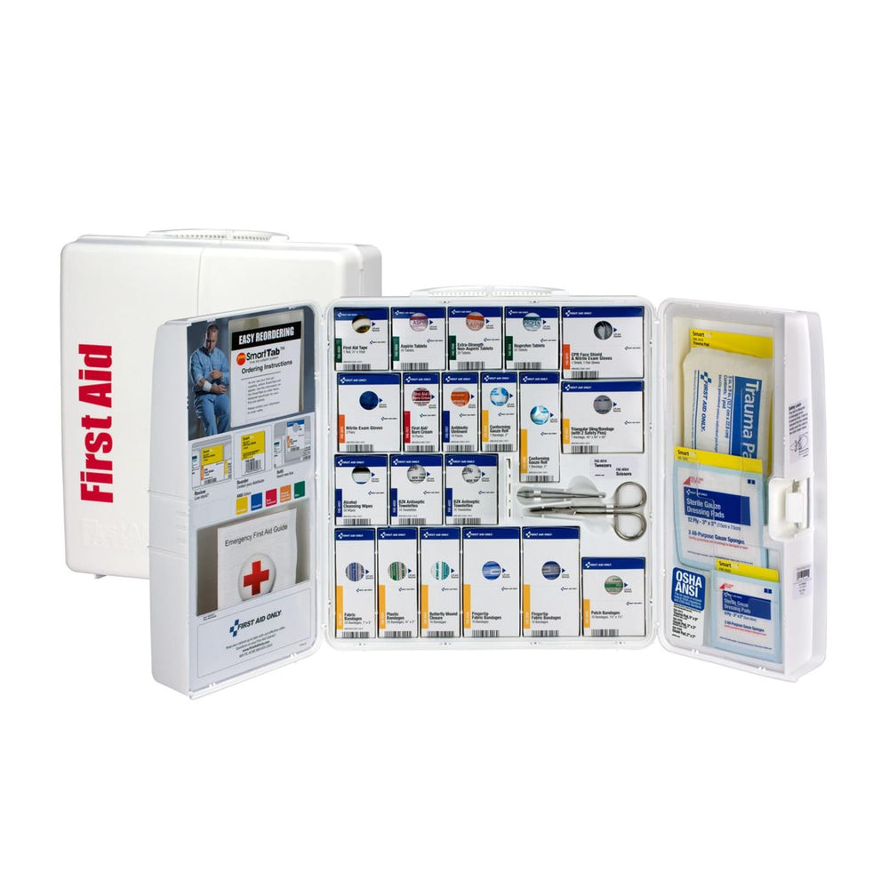 First Aid Only SmartCompliance cabinet front view with clearly labeled compartments for fast access.
