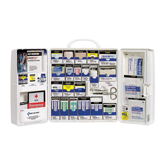 First Aid Only smartcompliance cabinet with center-opening design saves space in busy rooms.
