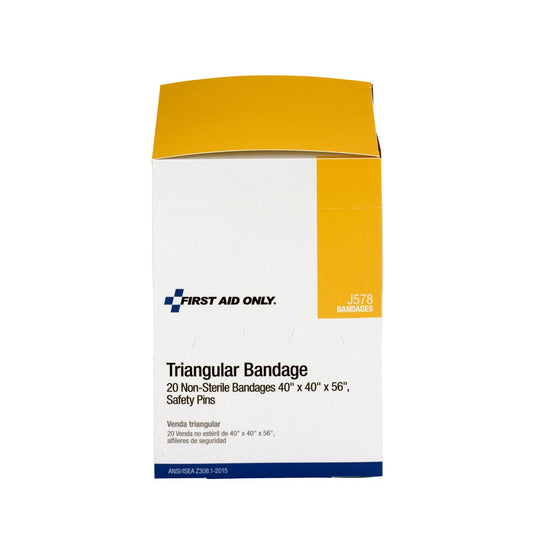 First Aid Only beige muslin triangle bandage in box packaging.