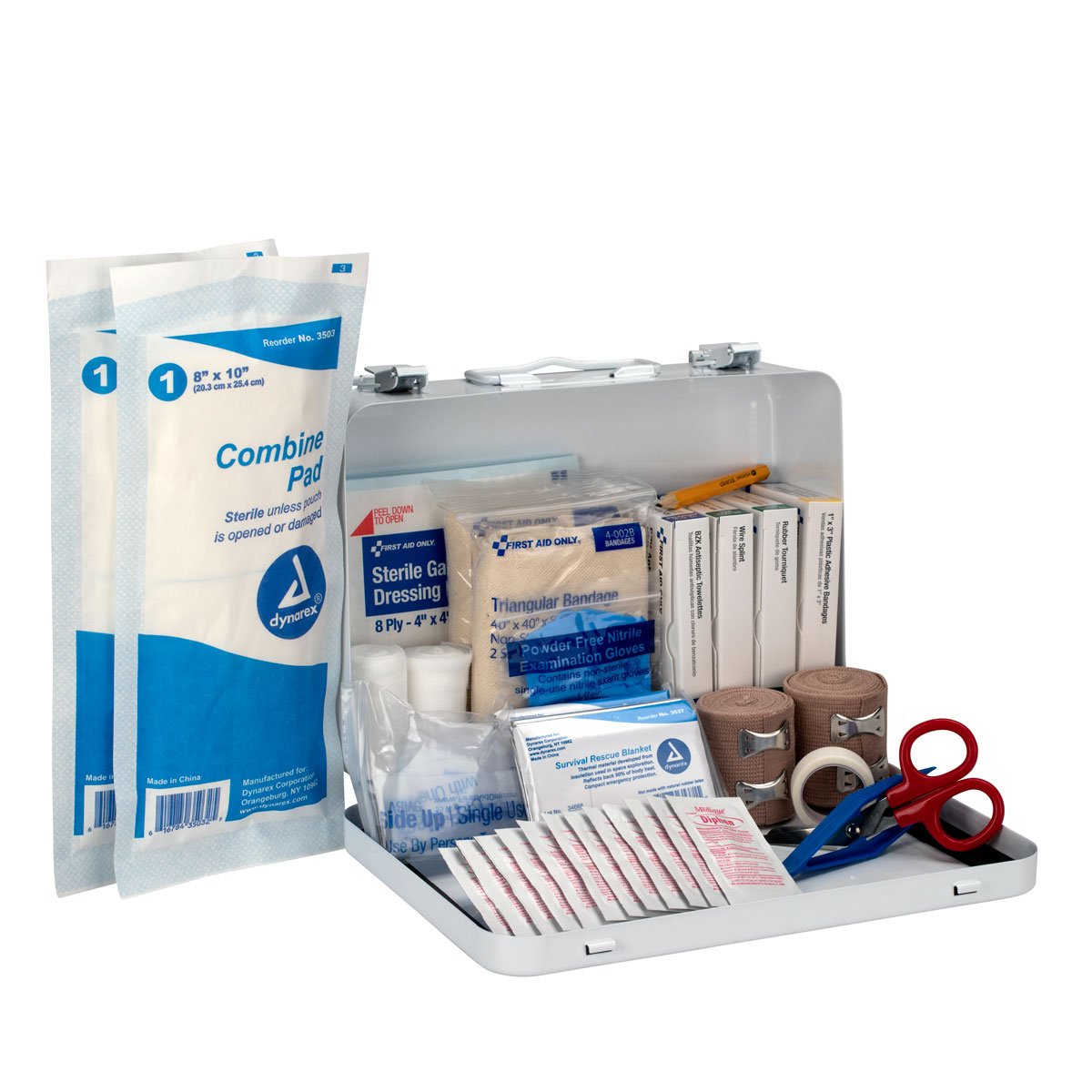 First Aid Only triangular bandage and gauze supplies for improvised splints on site.