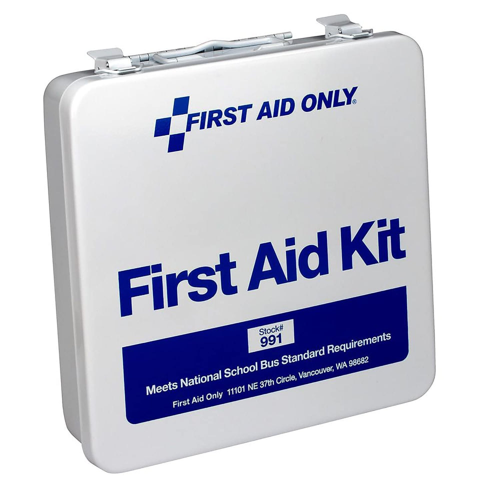 First Aid Only weatherproof metal case with handle for on-road emergencies.
