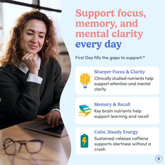 FIRST DAY Brain Gummies bottle side highlights clean ingredients and non-GMO for steady energy.