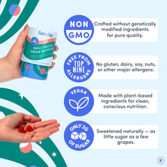 FIRST DAY Brain Gummies gluten-free badge signals accommodating dietary needs.
