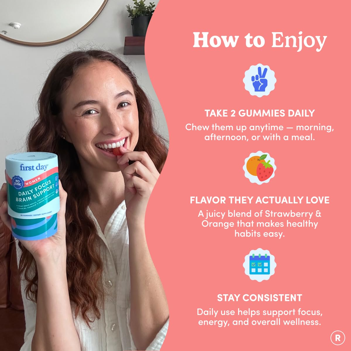 FIRST DAY Brain Gummies natural peach flavor visual suggests delicious, naturally flavored energy support.