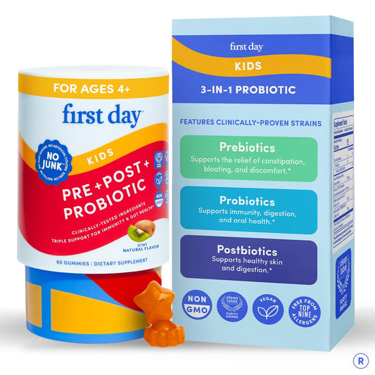 First Day Kids 3-in-1 probiotic gummies bottle supports daily digestive balance.