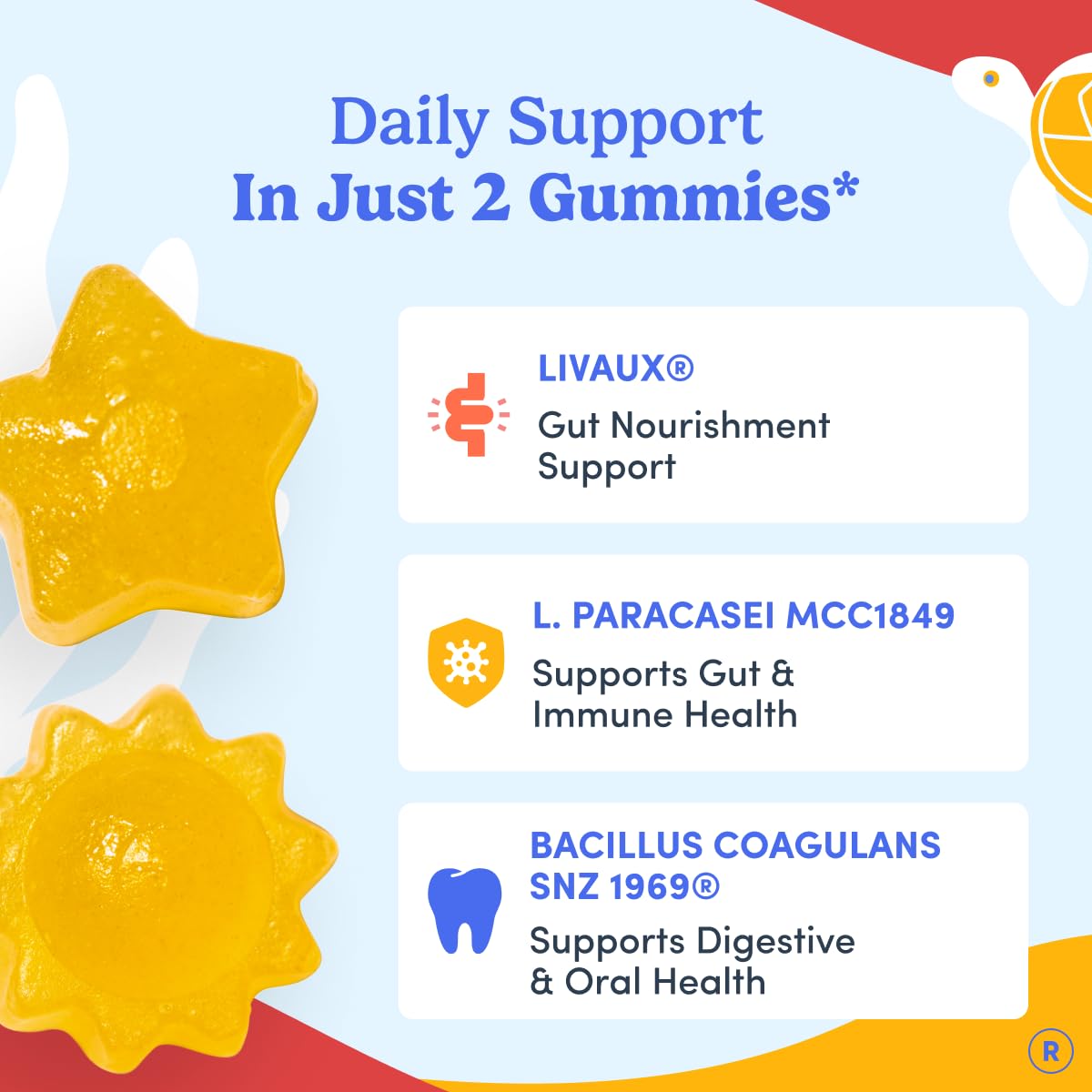 First Day Kids 3-in-1 probiotic gummies demonstrate digestive support in a tasty format.