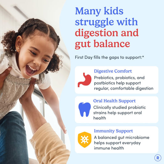 First Day Kids 3-in-1 probiotic gummies close-up highlights Livaux prebiotic and SNZ 1969.