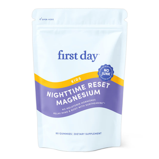 FIRST DAY Kids Magnesium Citrate Gummies bottle front shows trusted bedtime support for calm nights.