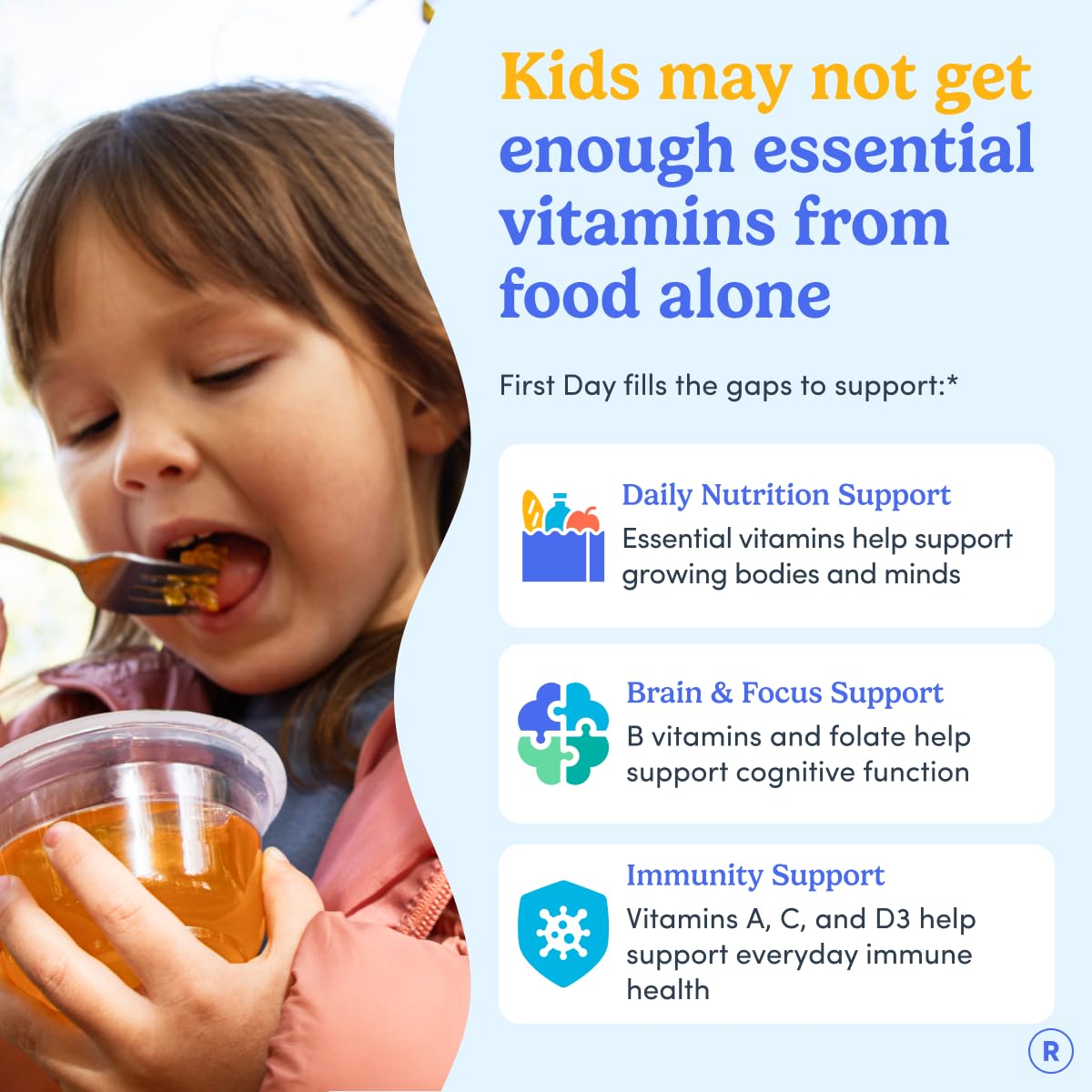 First Day gummies bottle pour shows convenient daily serving for active kids
