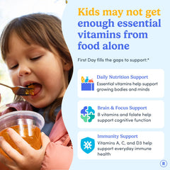 First Day gummies bottle pour shows convenient daily serving for active kids