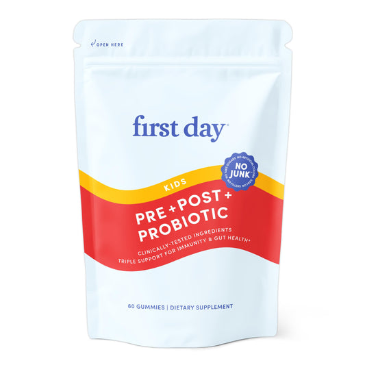 FIRST DAY Kids Probiotic Gummies bottle on counter supports gut balance