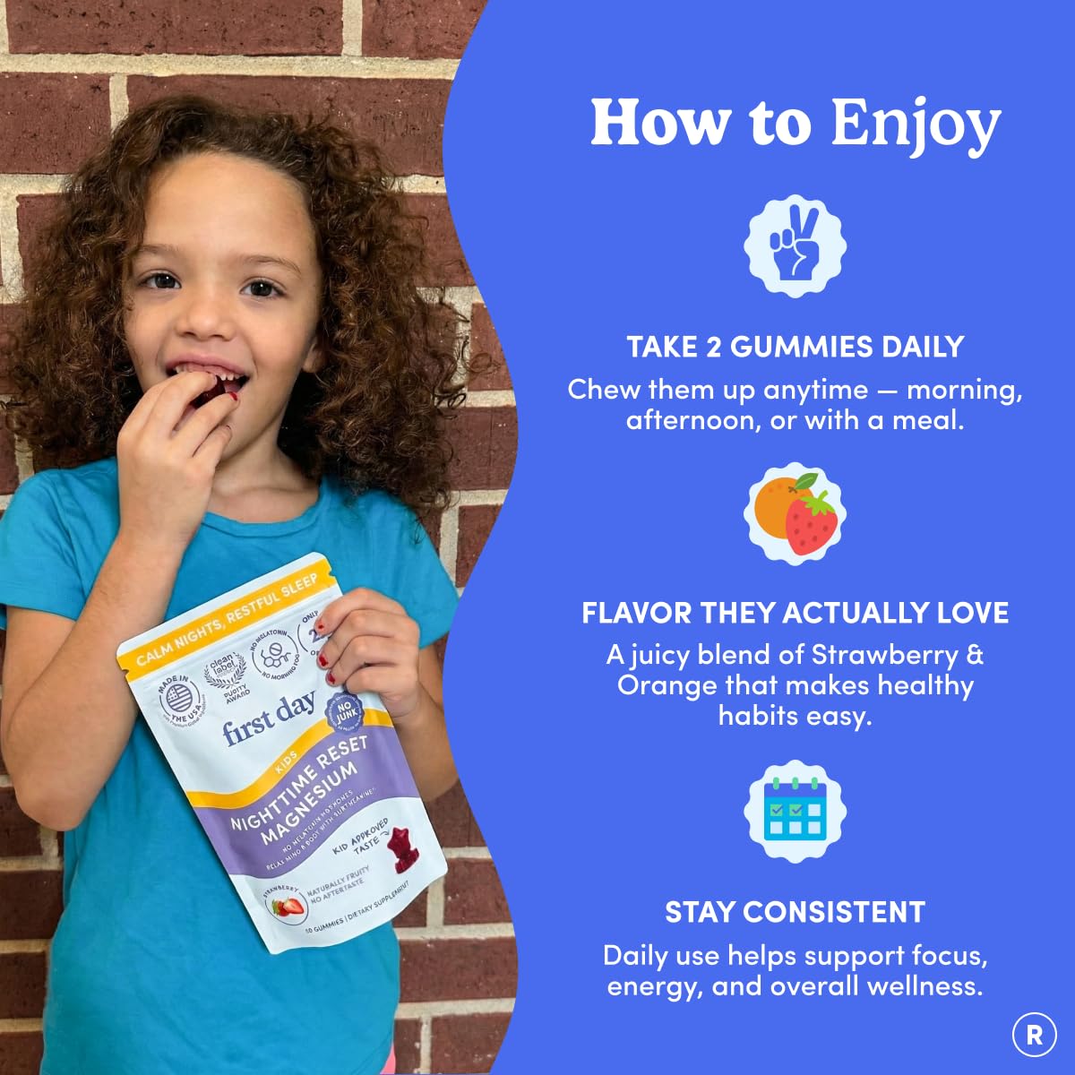 First Day Magnesium kids gummies back label shows no melatonin claims.