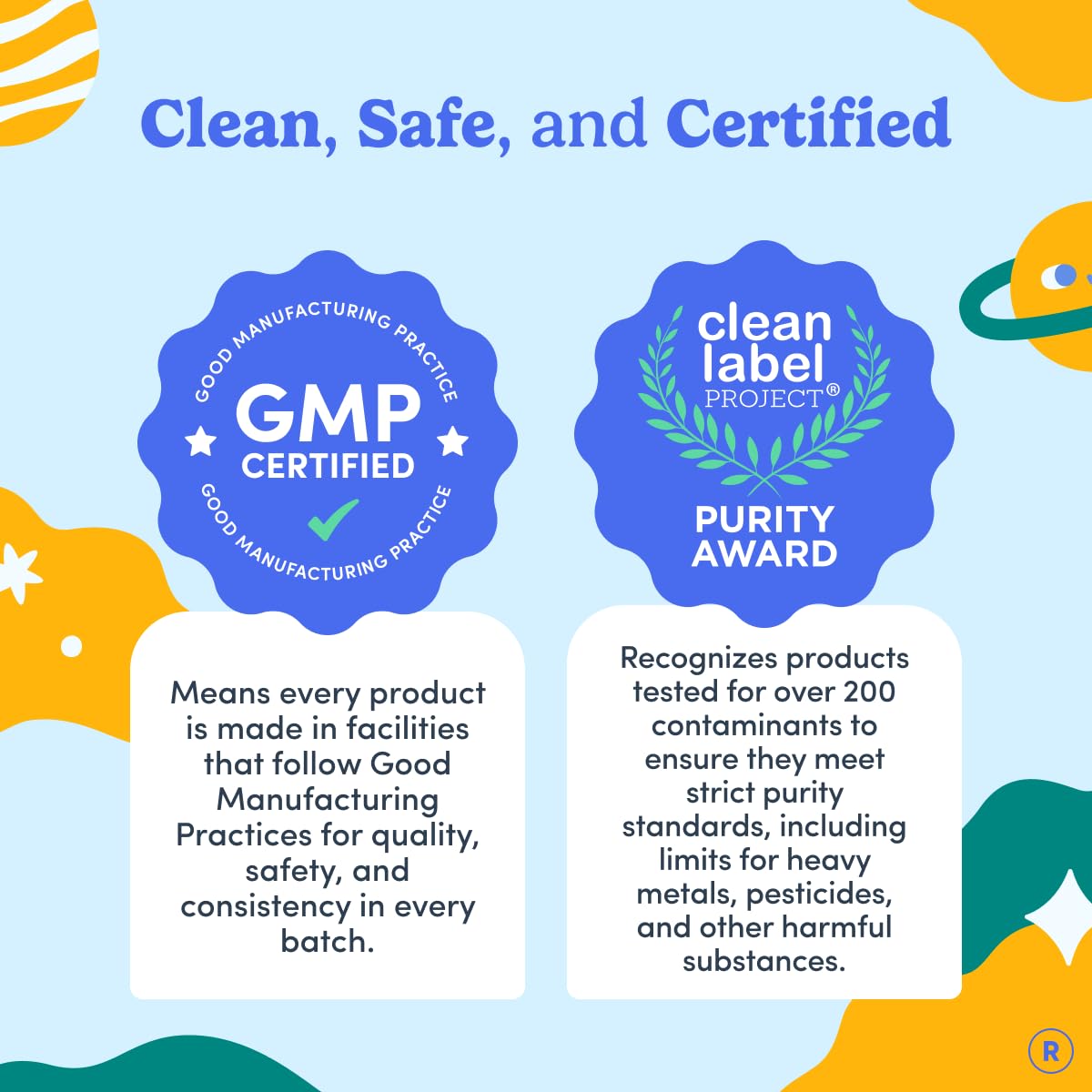 FIRST DAY Organic vegan logo with certification stamps indicating safety and quality.