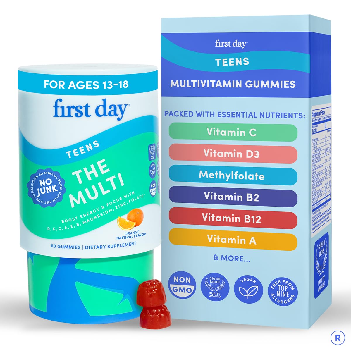 FIRST DAY teen multivitamin gummies bottle showing daily nutrient support for teens