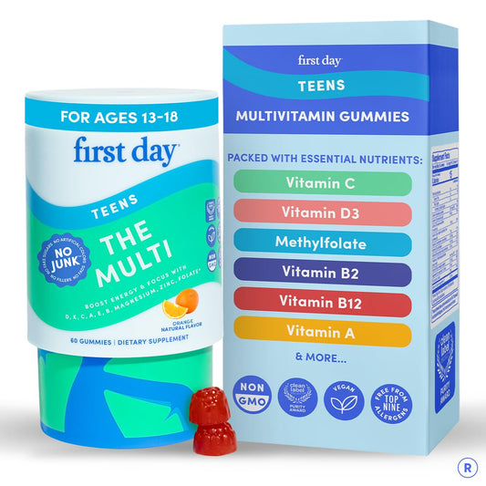 FIRST DAY teen multivitamin gummies bottle showing daily nutrient support for teens