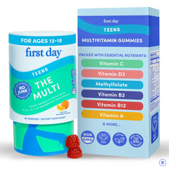 FIRST DAY teen multivitamin gummies bottle showing daily nutrient support for teens