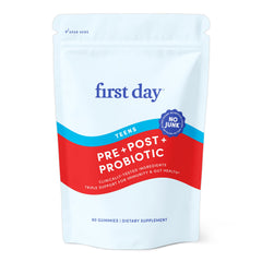 First Day Teens' Gut Sustainer Gummies bottle shown, a convenient daily prebiotic-probiotic-postbiotic option.