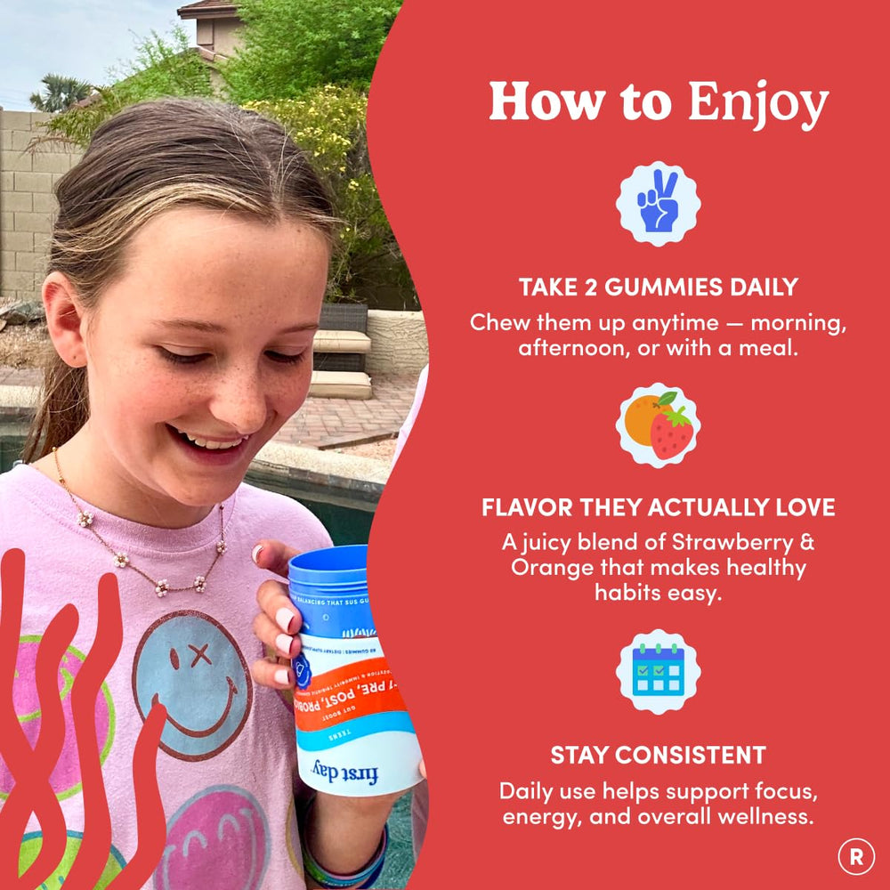 First Day Teens gummies with natural flavors convey kid-friendly taste.