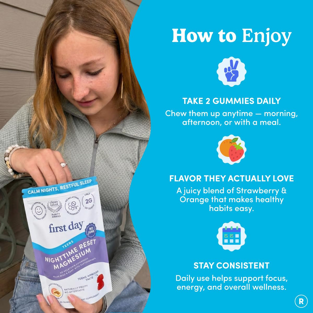 First Day Teens' Nighttime Reset allergen-free packaging reassures parents and teens.