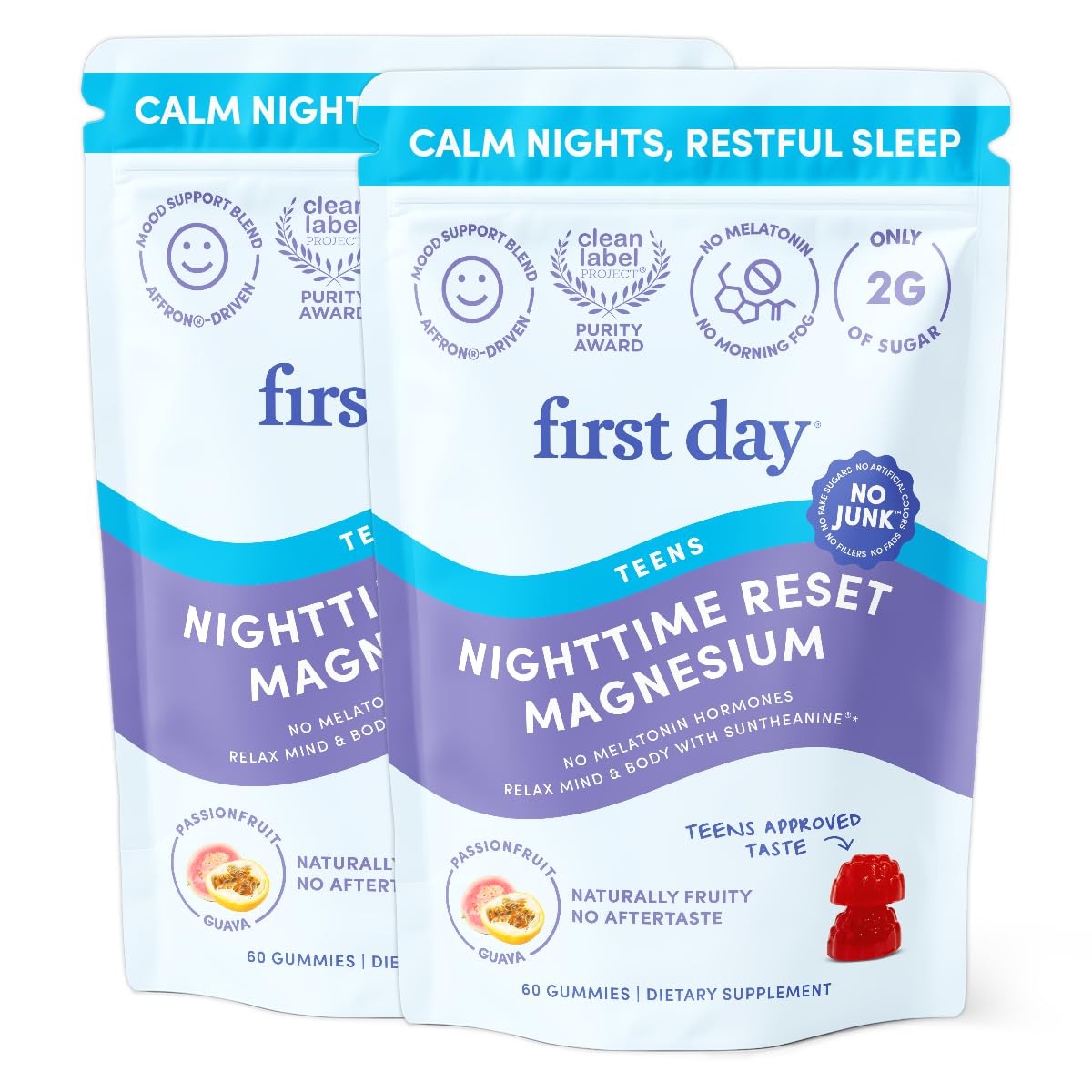 First Day Teens' Nighttime Reset bottle promotes peaceful sleep and calm energy.