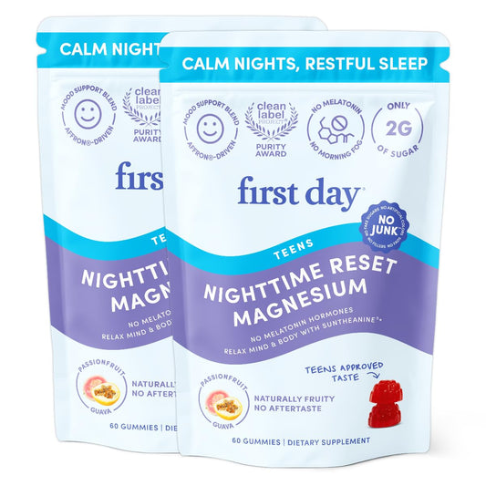 First Day Teens' Nighttime Reset bottle promotes peaceful sleep and calm energy.