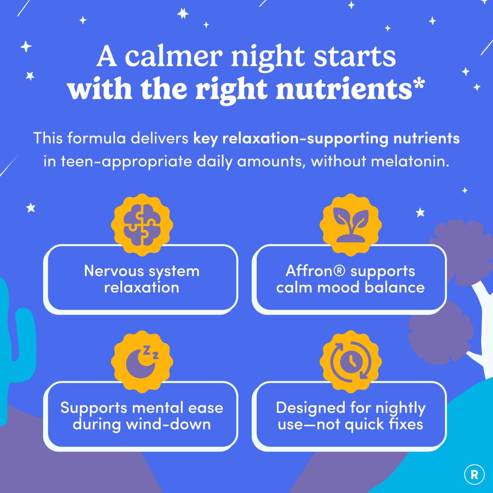 First Day Teens' Nighttime Reset chelated magnesium image emphasizes high absorption.