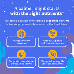 First Day Teens' Nighttime Reset chelated magnesium image emphasizes high absorption.