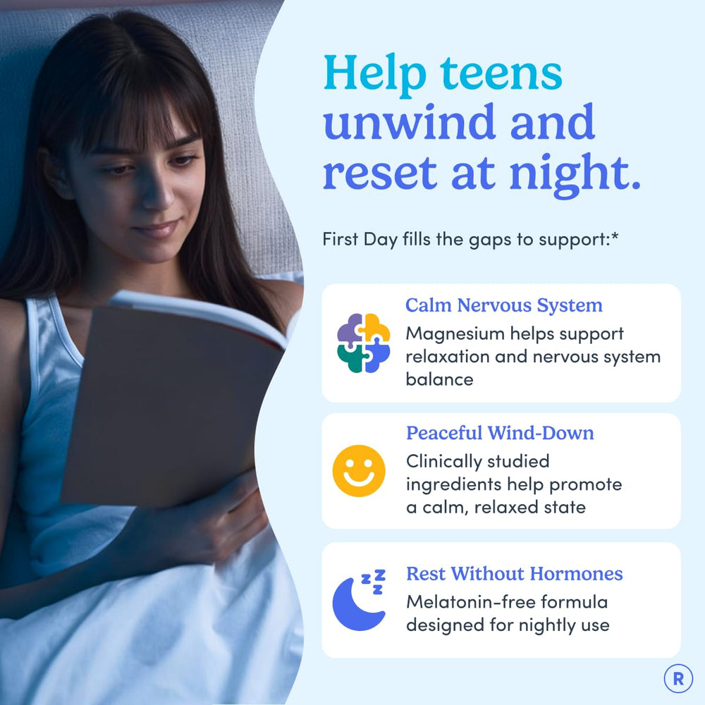 First Day Teens' Nighttime Reset gummies close-up showing texture and natural flavor for smoother bedtimes.