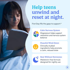 First Day Teens' Nighttime Reset gummies close-up showing texture and natural flavor for smoother bedtimes.