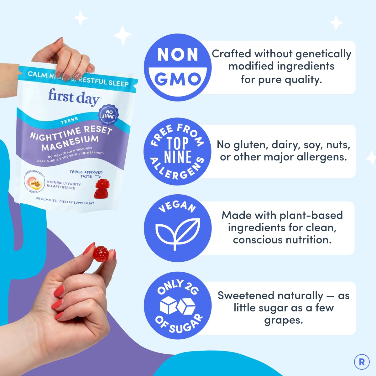 First Day Teens' Nighttime Reset vegan formulation badge with clean nightly nutrition.