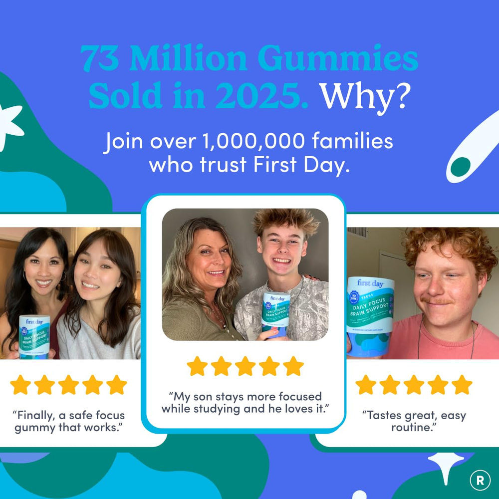 FIRST DAY teen study snack gummies support focus during exams