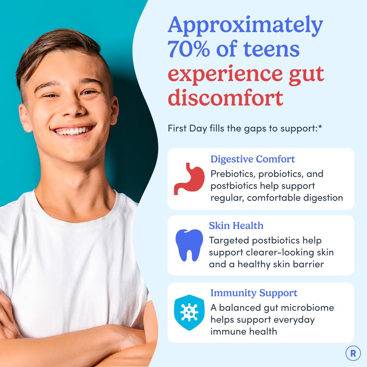First Day Teens Tribiotic Gummies close-up highlights braces-friendly, tasty daily support.