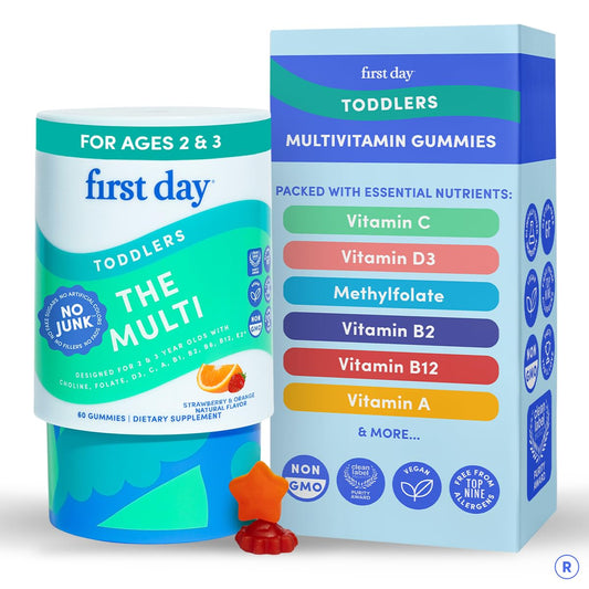 First Day Toddler Multivitamin Gummies bottle closeup demonstrates kid-friendly packaging for daily nutrition.
