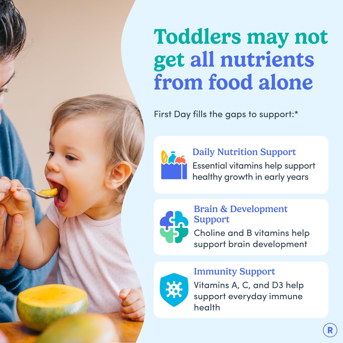 First Day Toddler Multivitamin Gummies fruity flavor closeup highlights taste that helps picky eaters take vitamins.