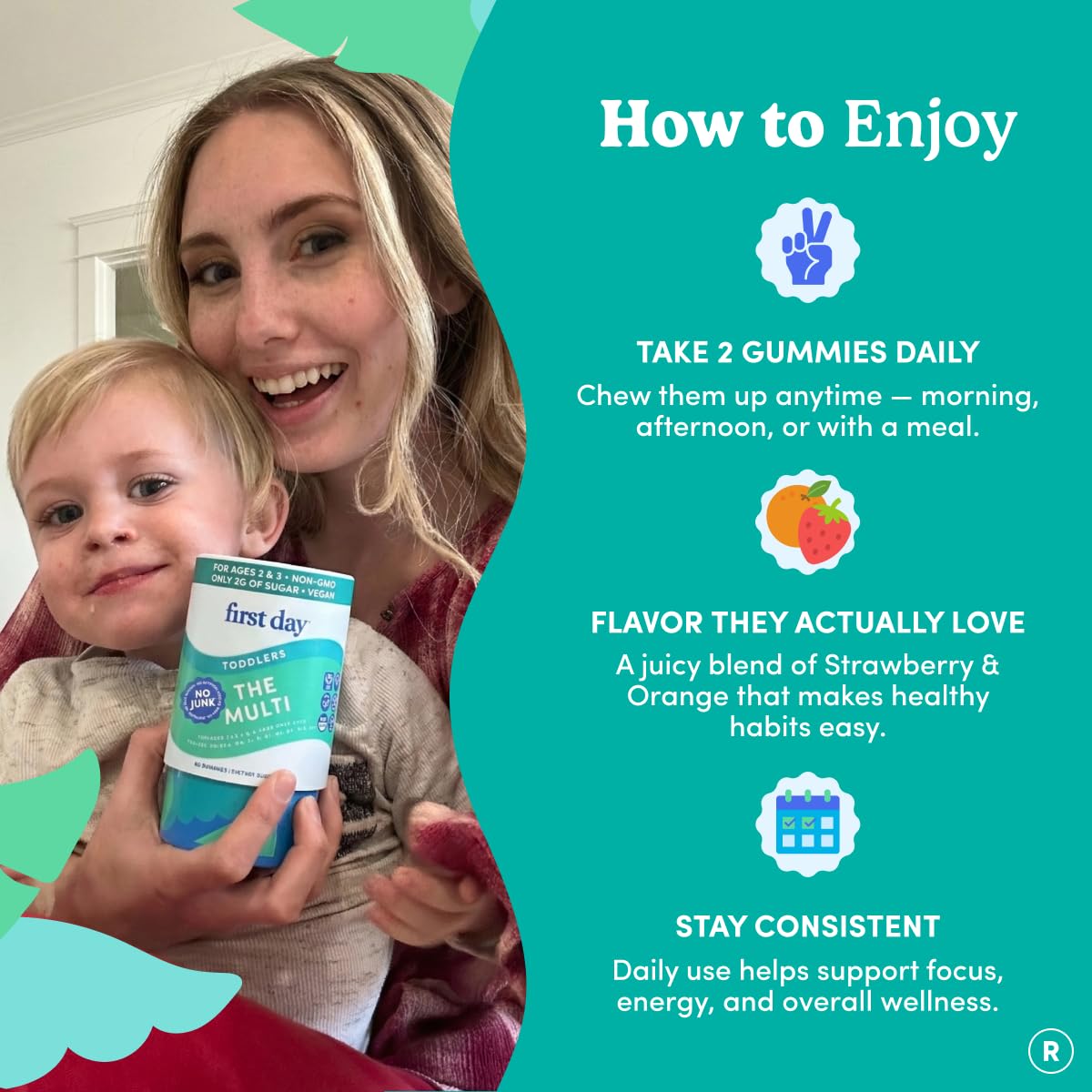First Day Toddler Multivitamin Gummies organic superfoods blend highlighted on label for growing toddlers.