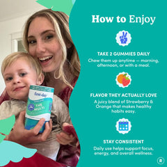 First Day Toddler Multivitamin Gummies organic superfoods blend highlighted on label for growing toddlers.