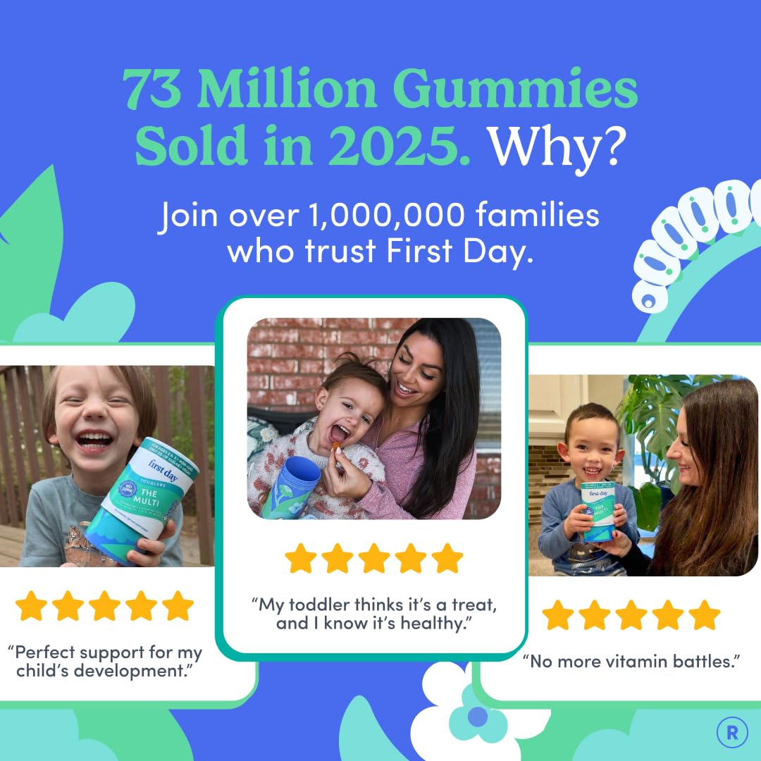 First Day Toddler Multivitamin Gummies safety testing badge communicates trusted safety.