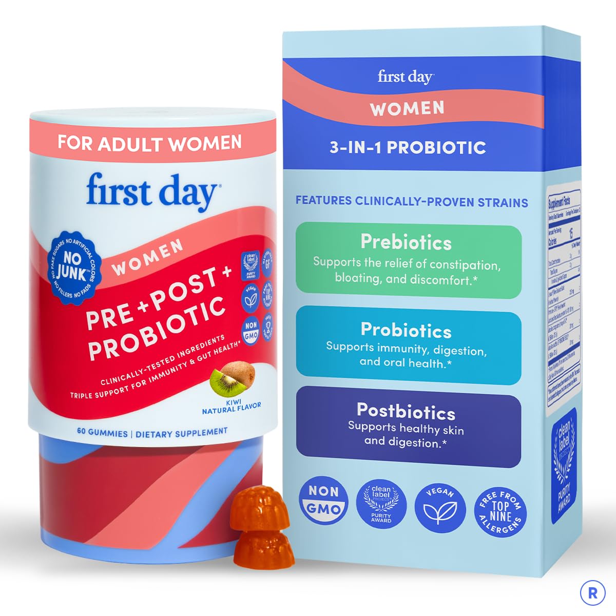 FIRST DAY Tribiotic gummies bottle for daily digestive balance
